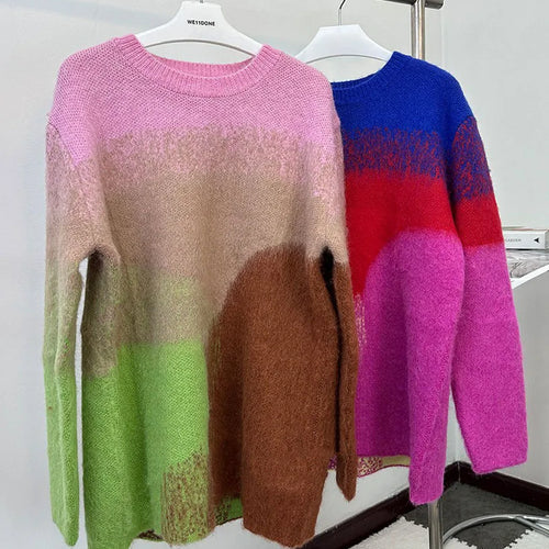 Load image into Gallery viewer, Gradient Colorful O-neck Women&#39;s Thicken Sweater Long Sleeve Elegant Lady Pullover 2023 Chic Casual Party High Street C-238
