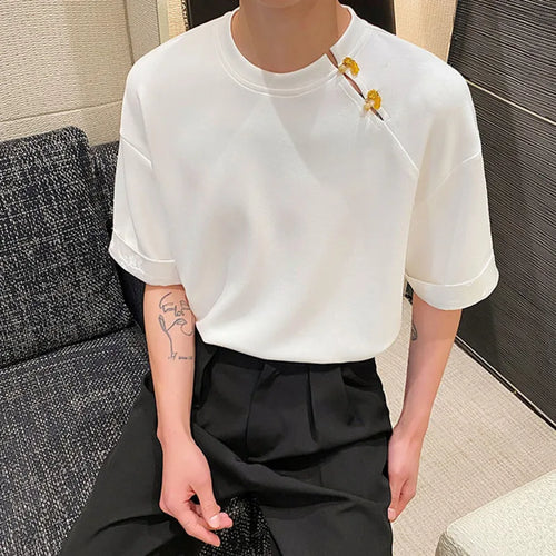 Load image into Gallery viewer, T-shirt Men&#39;s Summer Chinese Style Jacquard Cuff O-neck Tees Loose Solid Color Senior Sense Chic Top Men 9C5815
