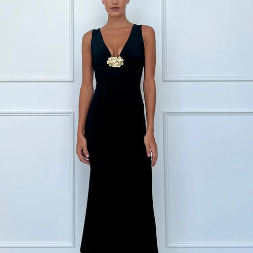 Load image into Gallery viewer, Elegant Deep V Neck Front Gold Clasp Sexy Maxi Dress For Women Black Gown Sleeveless Slim Fit Long Tank Dress Elegant
