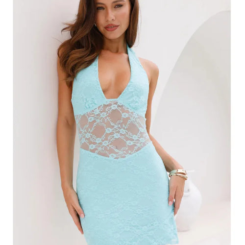 Load image into Gallery viewer, Sexy Sleeveless Lace Patchwork Backless Dress Women Hanging Neck Mini Female Short Skirt Tight Party Club Evening Dress
