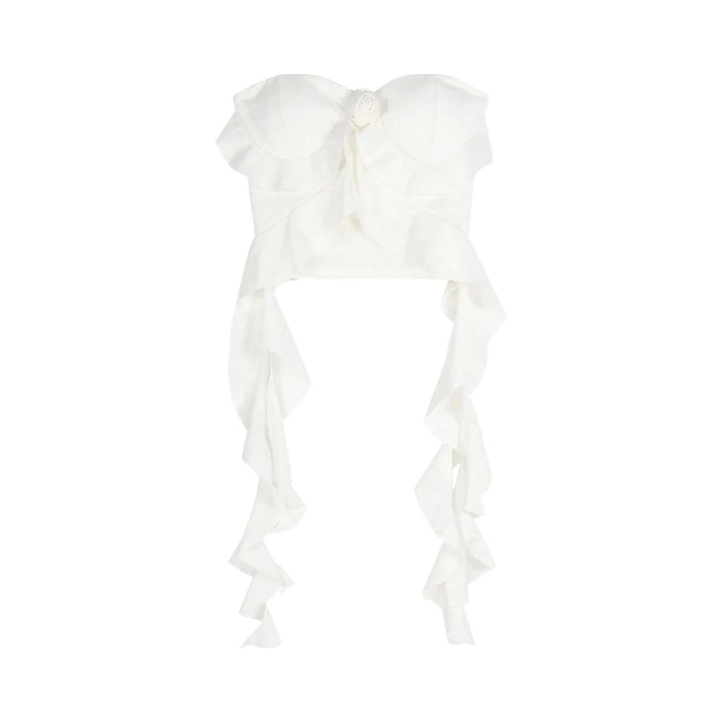 y2k Top Women Aesthetic Clothes Solid Color Off Shoulder Strapless Sleeveless Bandeau with Ruffles Hem 2000s Streetwear