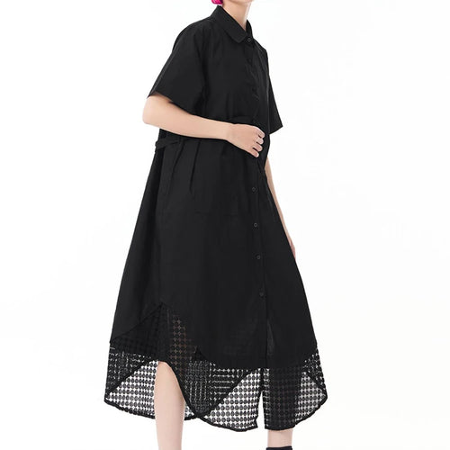 Load image into Gallery viewer, Women Blue Mesh Color-block Big Size Midi Shirt Dress New Lapel Short Sleeve Fashion Tide Spring Summer 2025 1DJ0932
