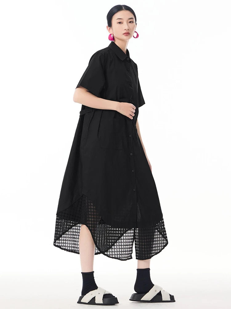 Women Blue Mesh Color-block Big Size Midi Shirt Dress New Lapel Short Sleeve Fashion Tide Spring Summer 2025 1DJ0932