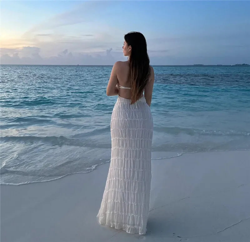Halter Backless Sexy Maxi Dress For Women Spring Summer New Lace-up Sleeveless Pleated Beach Holiday Long Dress Elegant