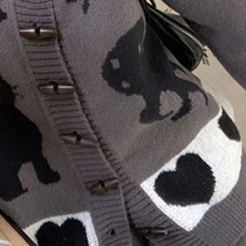 Load image into Gallery viewer, Vintage Striped Cartoon Jacquard Loose Cardigan Harajuku Stand Neck Horn Toggle Button Sweaters Y2k Aesthetic Knitted Cardigans
