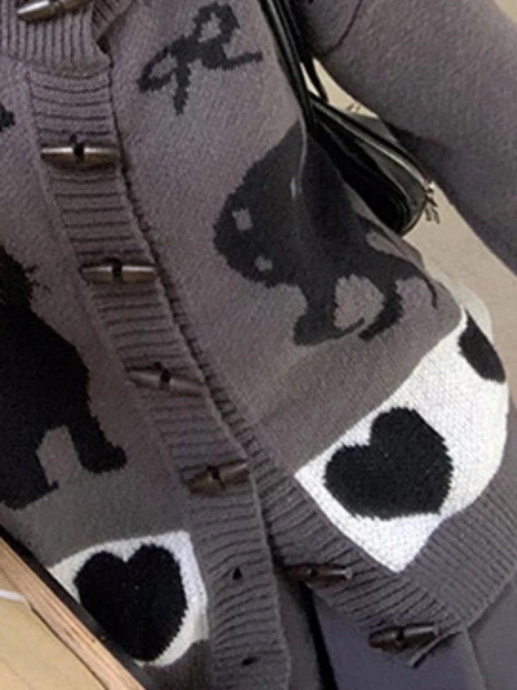 Vintage Striped Cartoon Jacquard Loose Cardigan Harajuku Stand Neck Horn Toggle Button Sweaters Y2k Aesthetic Knitted Cardigans