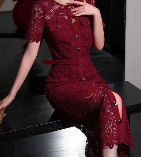 Solid Hollow Out Spliced Single Breasted Dresses for Women Round Neck Short Sleeves Elegant Dress Female Clothing