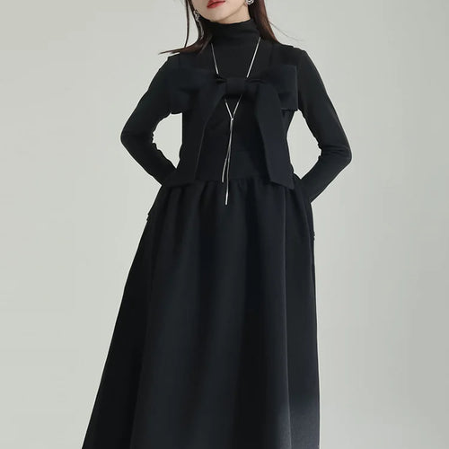 Load image into Gallery viewer, Women Gray Bow Bandage Spliced Long Elegant Woolen Dress New Sleeveless Loose Fit Fashion Tide Autumn Winter 2025 1DF3527
