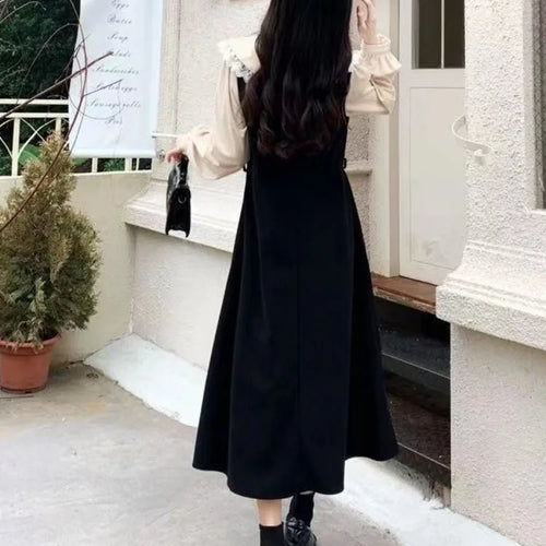 Load image into Gallery viewer, School Kawaii Black Midi Dress Women Japanese Sweet Vintage Elegant Peter Pan Collar Long Sleeve Cute Dresses Autumn
