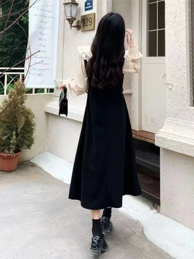 School Kawaii Black Midi Dress Women Japanese Sweet Vintage Elegant Peter Pan Collar Long Sleeve Cute Dresses Autumn