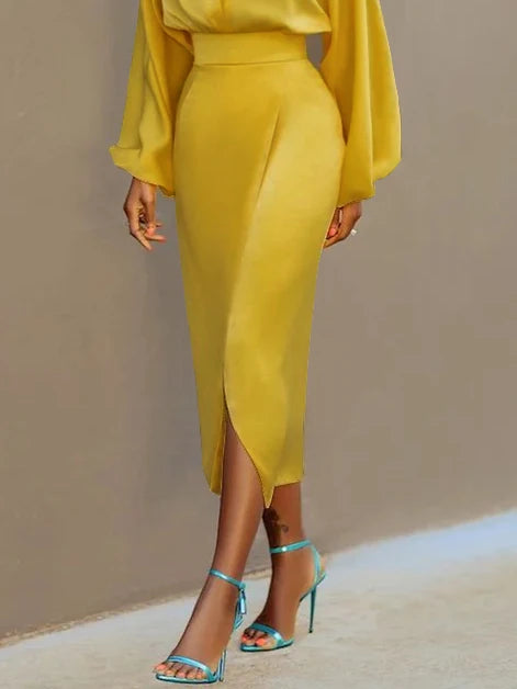 Women Bodycon High Waisted Yellow Split-Front Skirts Bottoms 2025 New Spring Summer Autumn Woman Urban Skirts Clothes