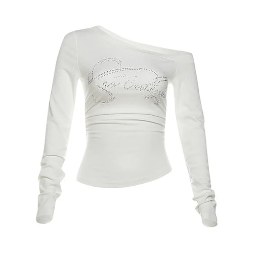 Load image into Gallery viewer, 2025 Harajuku Letter Diamond Vintage T-shirt Women Slash Neck Y2k Aesthetic Grunge Crop Tees Streetwear Slim Fit Autumn Tshirts
