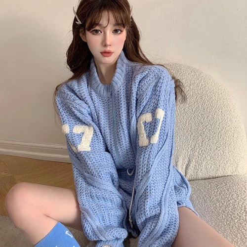 Load image into Gallery viewer, Y2k Two Pieces Sets Women Blue Knitted Cropped Cardigan +High Waist Shorts Korean Streetwear 2025 Spring Autumn Outfits
