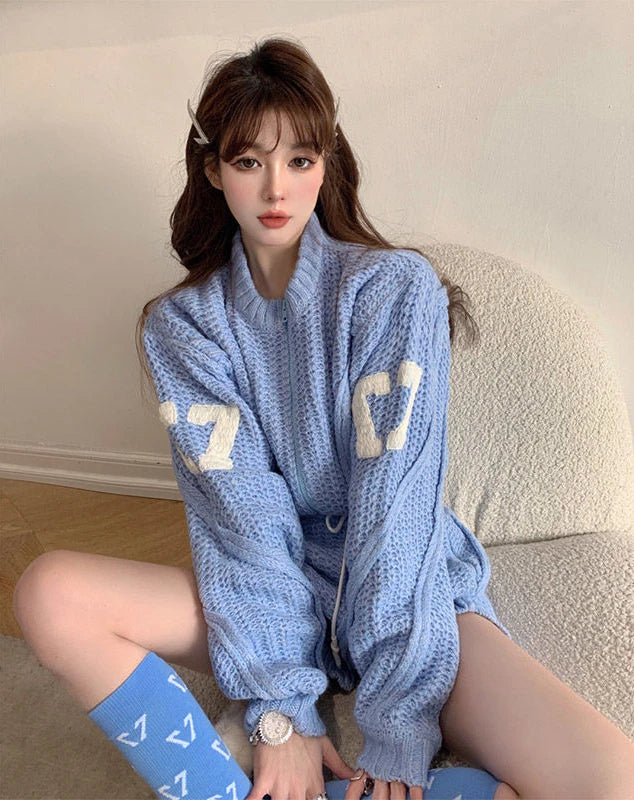 Y2k Two Pieces Sets Women Blue Knitted Cropped Cardigan +High Waist Shorts Korean Streetwear 2025 Spring Autumn Outfits