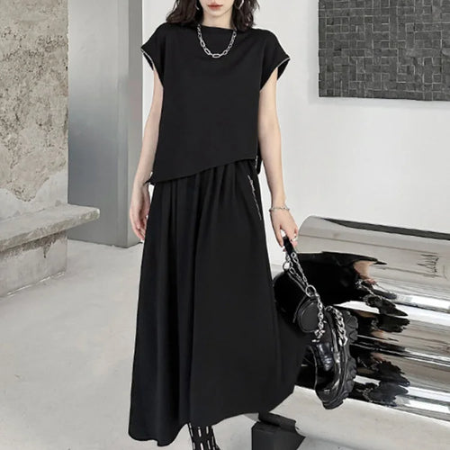 Load image into Gallery viewer, Black Zipper T-shirt Half-body Skirt Two Pieces Suit New Round Neck Short Sleeve Women Fashion Spring Summer 2025 1DJ0167
