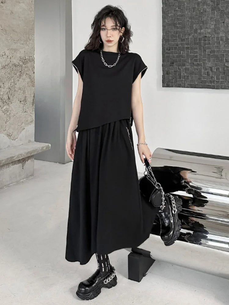 Black Zipper T-shirt Half-body Skirt Two Pieces Suit New Round Neck Short Sleeve Women Fashion Spring Summer 2025 1DJ0167