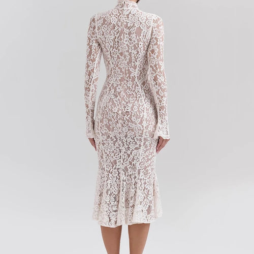 Load image into Gallery viewer, Lace Long Sleeve Sexy Midi Dress For Women Elegant White Half High Collar High Waist Bodycon Club Party Sexy Long Dress
