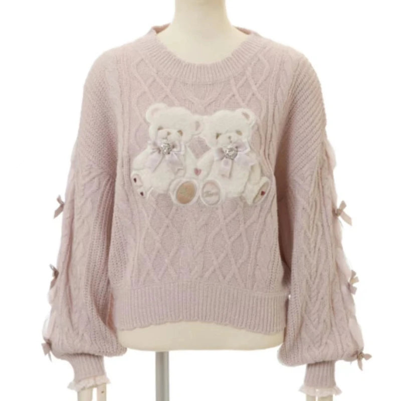 Japanese Rabbit Cartoon Embroidery Kawaii Cute Sweater Women Preppy Style Bow Knitted Jumper Fairy Twist Csual Loose Pullover