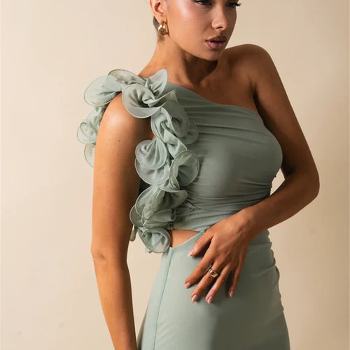 Load image into Gallery viewer, Shoulder Floral Mesh Ruched Sexy Maxi Dress For Women Gown Oblique Shoulder Sleeveless Backless Bodycon Long Dress
