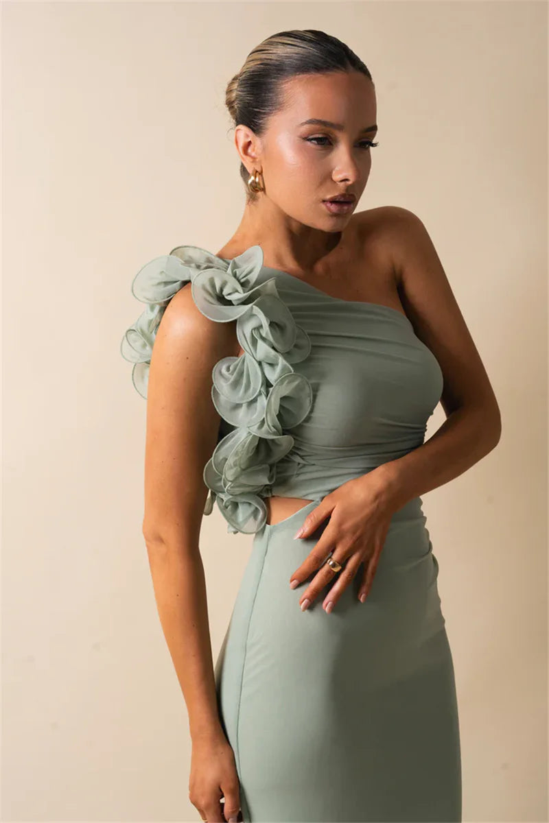 Shoulder Floral Mesh Ruched Sexy Maxi Dress For Women Gown Oblique Shoulder Sleeveless Backless Bodycon Long Dress