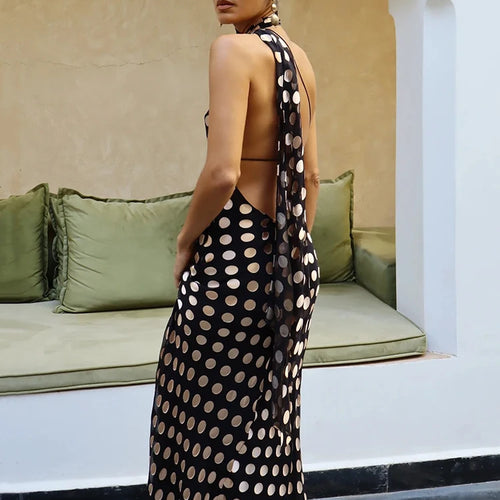 Load image into Gallery viewer, Round Plaid Printed Maxi Dress For Women Gown Halter Off-shoulder Sleeveless Backless Evening Club Long Dress Elegant
