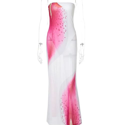 Load image into Gallery viewer, Mesh Floral Print Sexy Maxi Dress For Women Gown Off-shoulder Strapless Sleeveless Backless Bodycon Club Long Dress
