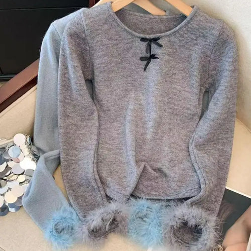 Load image into Gallery viewer, Autumn Winter Blue Bow Long Sleeves Knitted Sweater French Fashion Women's Grey Round Neck Elegant Short Tops Streetwear Trendy
