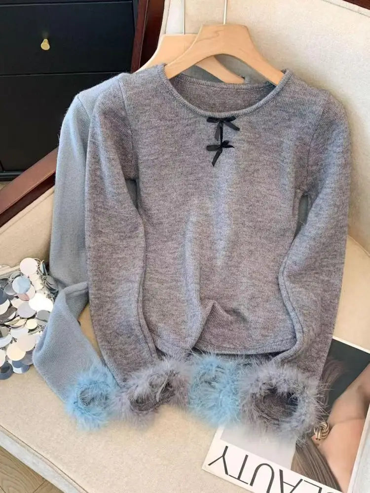 Autumn Winter Blue Bow Long Sleeves Knitted Sweater French Fashion Women's Grey Round Neck Elegant Short Tops Streetwear Trendy
