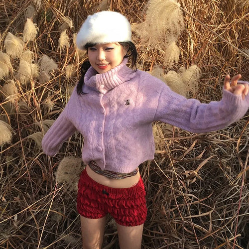 Load image into Gallery viewer, Japanese Y2k Turtleneck Cardigans Vintage Korean Style Knitted Sweater 2000s Aesthetics Pink Winter Knitwear Harajuku
