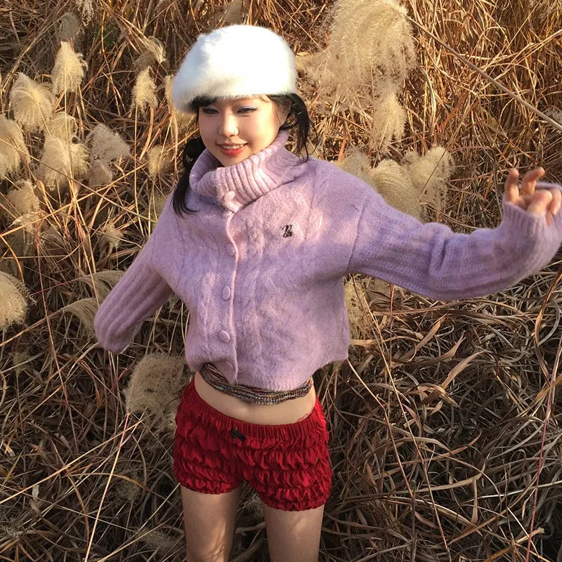 Japanese Y2k Turtleneck Cardigans Vintage Korean Style Knitted Sweater 2000s Aesthetics Pink Winter Knitwear Harajuku