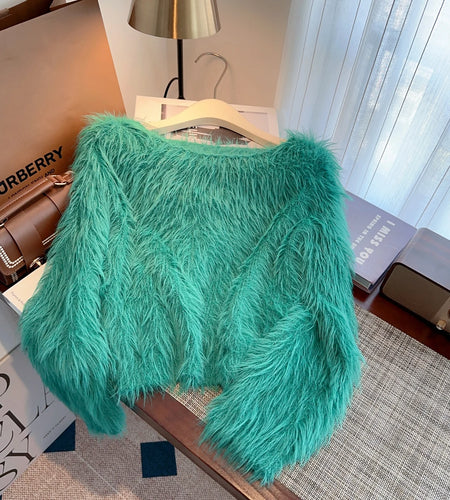 Autumn Winter Solid Knitting Mink Crop Top Women Long Sleeve Round Neck Pullover Casual Crochet Sweater French Fashion Thick New