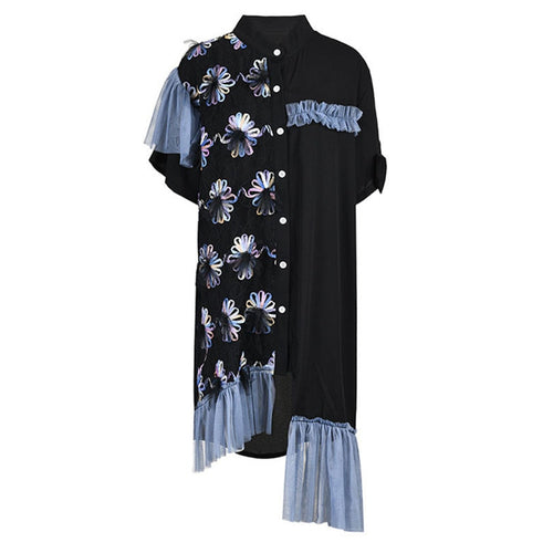 Load image into Gallery viewer, Irregular Printing Dresses For Women Lapel Short Sleeve High Waist Patchwork Mesh Loose Dress Female Fashion
