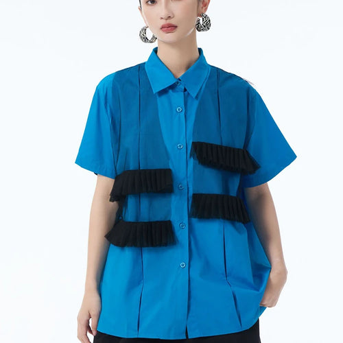 Load image into Gallery viewer, Women Blue Mesh Color-block Big Size Casual Blouse New Lapel Long Sleeve Shirt Fashion Tide Spring Autumn 2025 1DJ1248
