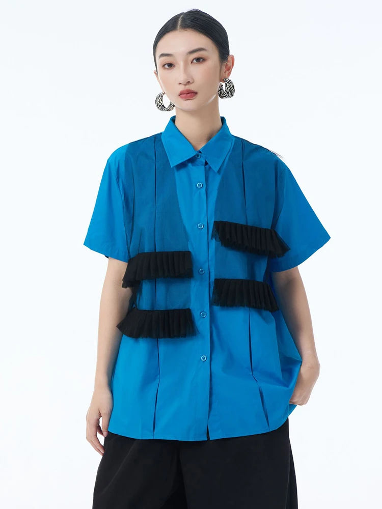 Women Blue Mesh Color-block Big Size Casual Blouse New Lapel Long Sleeve Shirt Fashion Tide Spring Autumn 2025 1DJ1248