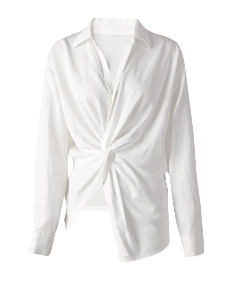 Women Balck Irregular Knot Big Size Elegant Blouse New Lapel Long Sleeve Shirt Fashion Tide Spring Autumn 2025 CPG3249