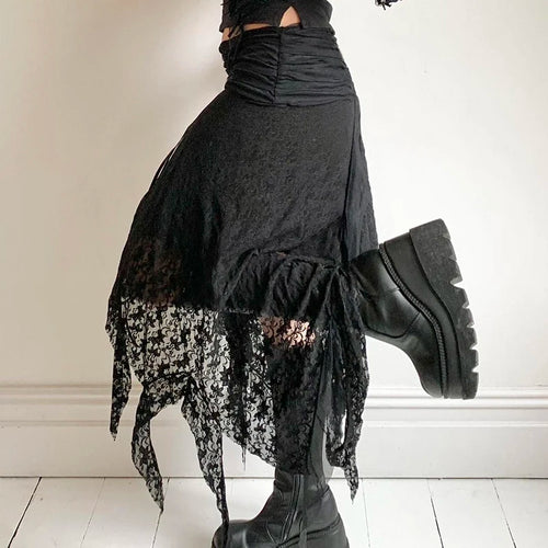 Load image into Gallery viewer, Streetwear Asymmetrical Slim Lace Skirt Female Folds Tie-Up Stitching Holidays Party Sexy Midi Skirt Fringe Clothing
