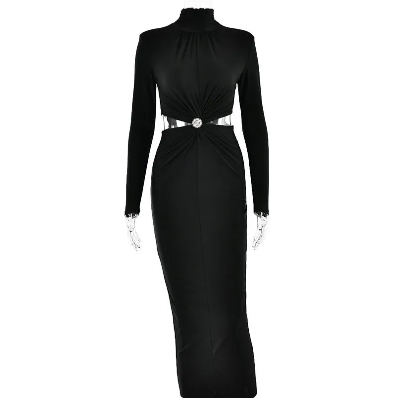 Elegant Hollow Out Sexy Maxi Dress For Women Autumn Winter New Turtleneck Long Sleeve Bodycon Club Party Evening Dress