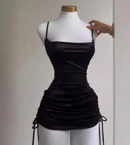 Korean Summer Black Simple Wrap Hip Pleated Mini Dress Sexy Club Backless Drawstring Lace-up Spaghetti Strap Short Dresses Women