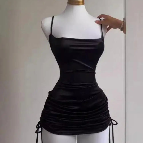 Load image into Gallery viewer, Korean Summer Black Simple Wrap Hip Pleated Mini Dress Sexy Club Backless Drawstring Lace-up Spaghetti Strap Short Dresses Women
