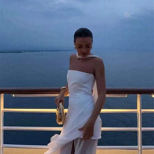 Load image into Gallery viewer, Elegant Strapless Sexy Maxi Dress For Women Gown With Scarf Off-shoulder Sleeveless Backless Split Beach Long Dress
