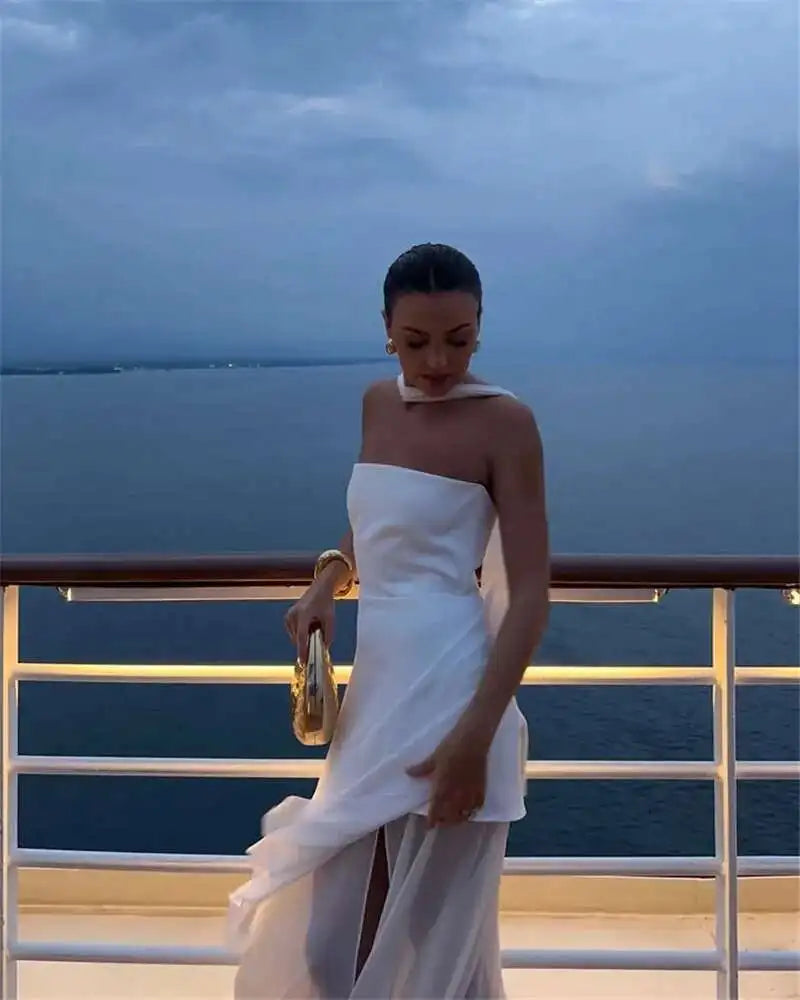 Elegant Strapless Sexy Maxi Dress For Women Gown With Scarf Off-shoulder Sleeveless Backless Split Beach Long Dress