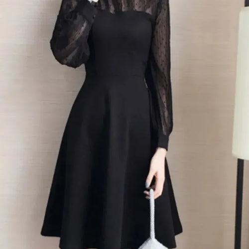 Load image into Gallery viewer, Black Lace Dress Women Vintage Elegant Dot Long Sleeve Mini Short Dresses Evening Party Spring Fashion O-neck
