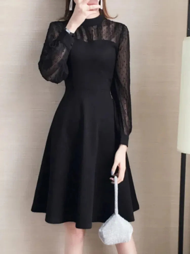 Black Lace Dress Women Vintage Elegant Dot Long Sleeve Mini Short Dresses Evening Party Spring Fashion O-neck