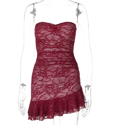 Solid Strapless Patchwork Mesh Sexy Pleated Irregular Sexy Slim Mini Dress Spring Women Y2K Clothes Party Nightclub