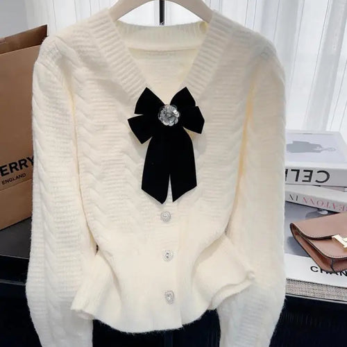 Load image into Gallery viewer, Autumn Winter French Solid Elegant V Neck Bow Single Breasted Short Sweater Women New Long Sleeved Slim Knitted Tops 2024 Trendy
