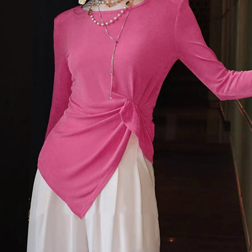 Load image into Gallery viewer, Solid Spliced Folds Slimming T Shirts For Women O Neck Long Sleeve High Waist Temperament T Shirt Female Fashion
