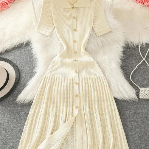 Load image into Gallery viewer, Summer 2024 New Women's Black Beige Single Breasted Knitted Long Dress Green Elegant Office Lady Short Sleeve Pleated Dress Chic
