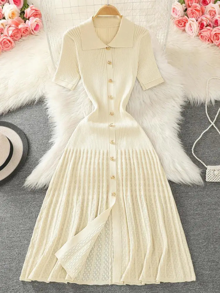 Summer 2024 New Women's Black Beige Single Breasted Knitted Long Dress Green Elegant Office Lady Short Sleeve Pleated Dress Chic