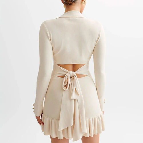 Load image into Gallery viewer, Long Sleeve Ruffled Knit Mini Dress For Women Autumn New V Neck Pearl Single-breasted Bow Bandage Knitted Dress Elegant
