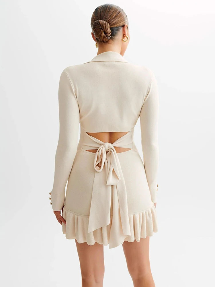 Long Sleeve Ruffled Knit Mini Dress For Women Autumn New V Neck Pearl Single-breasted Bow Bandage Knitted Dress Elegant